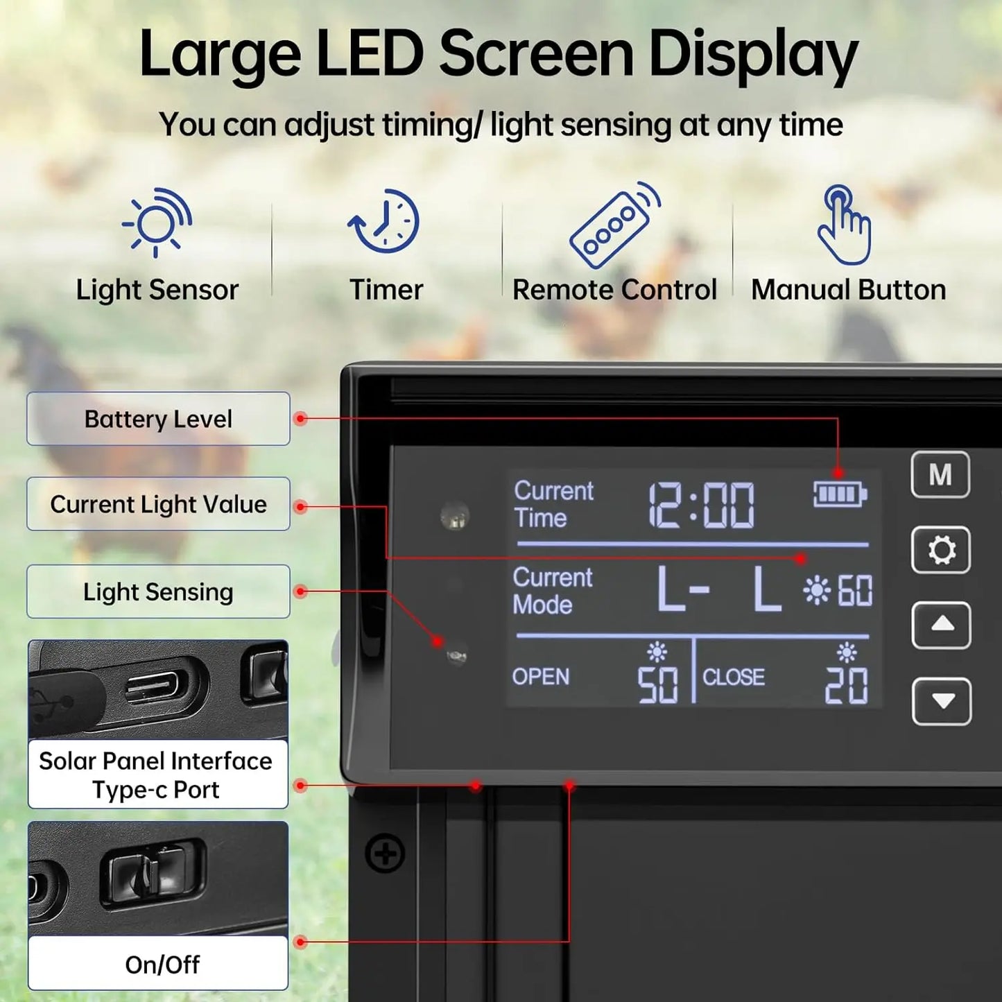 Solar Chicken Coop Door, Automatic Chicken Door Solar Powered & USB Charging, Auto Chicken Door 4 Modes with Timer & Light Senso