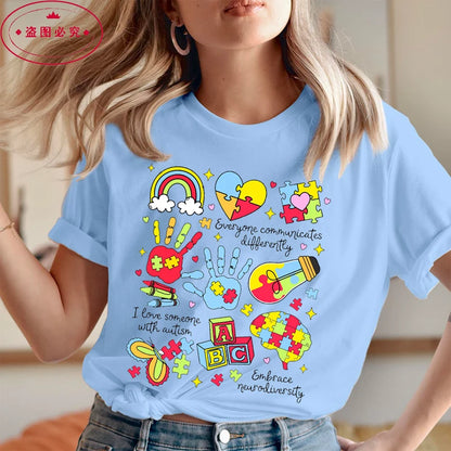 Women’s Shirts Everyone Communicates Differently Graphic Aesthetic Autism Printing Casual Shirt Tees Fashion Summer T-shirts