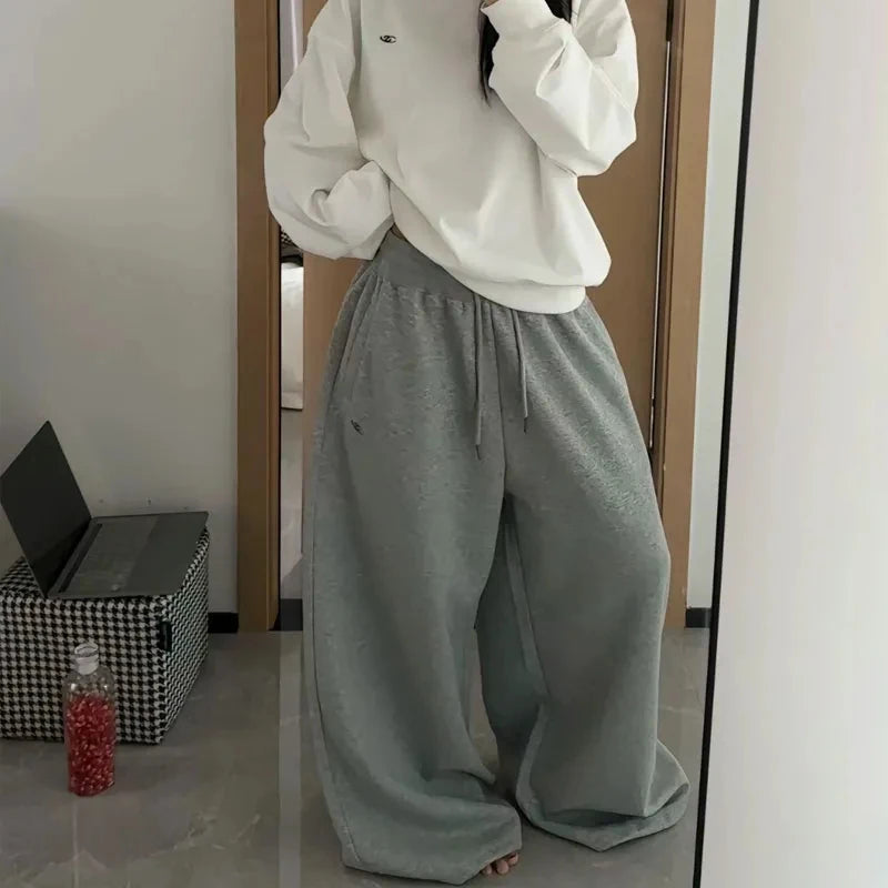 Oversize Cotton Woman Black Sweatpants Y2K Korean Streetwear Loose Casual Jogger Pants High Waist All Match Drawstring Trousers