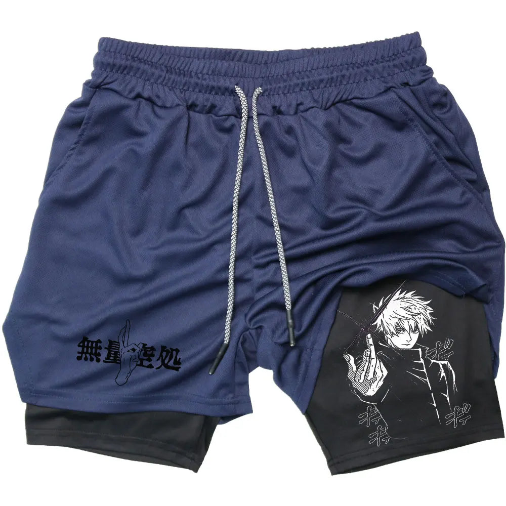 Anime Jujutsu Kaisen GYM Shorts Men Double-deck Sport Performance Shorts Fitness Workout Men Sportswear Bodybuilding Shorts