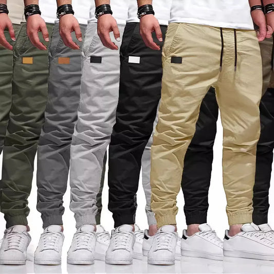 Cargo Pants Men Long Pant Lace Up High Elastic Waist Simple Splice Pockets Casual Regular Solid Autumn Winter Elastic Waist