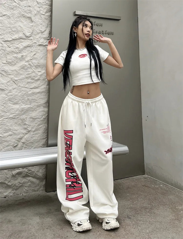 New Y2K Streetwear White Track Pants Women Harajuku Hippie Wide Leg Sweatpants Oversize Quick Dry Printed Joggers Trousers