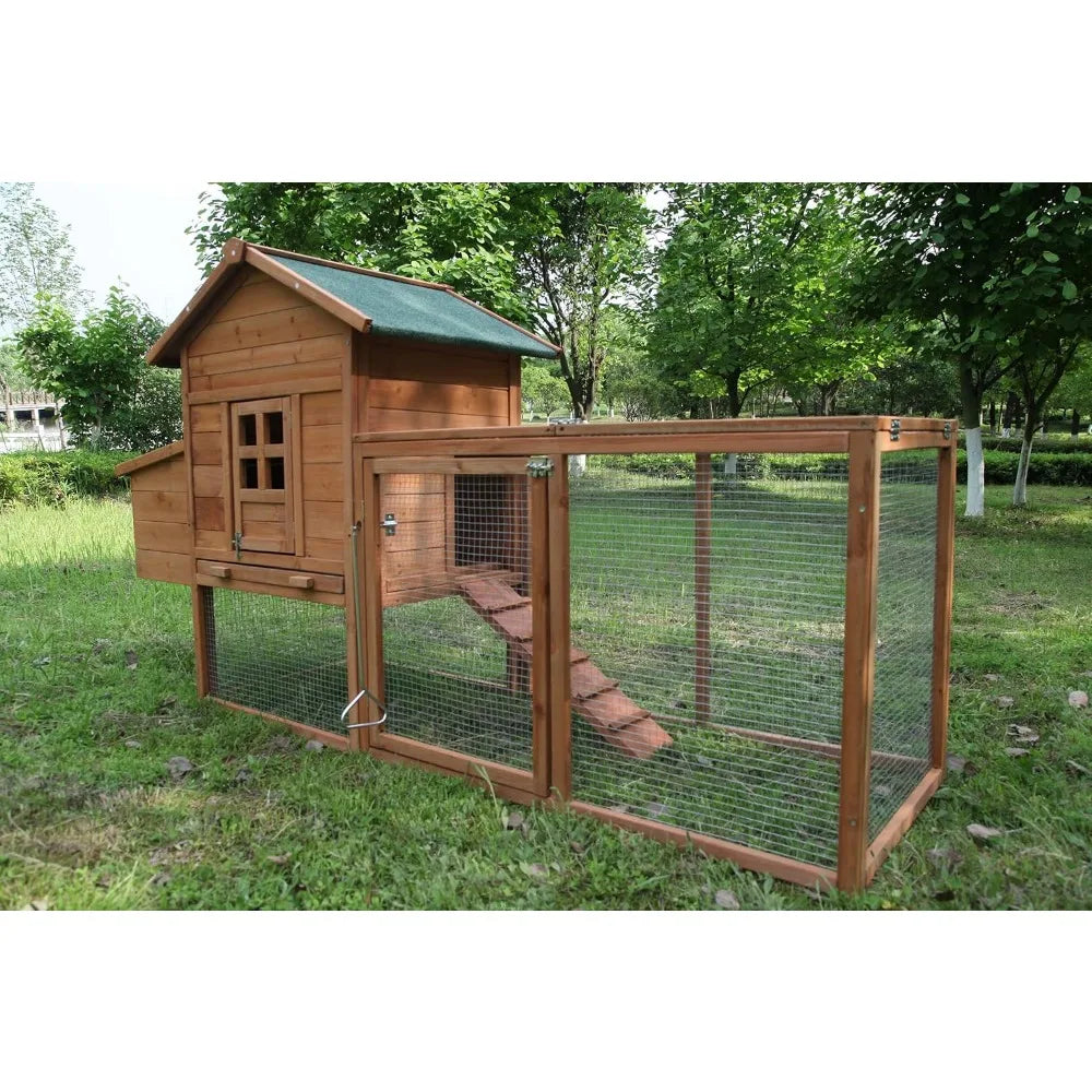 Outdoor Chicken Coop for 2-4 Chickens Wooden Hen House Poultry Pet Hutch Run Cage with Waterproof Asphalt Roof, Wire Fence (80")