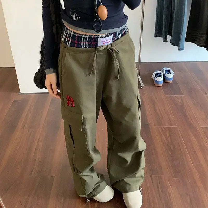 HOUZHOU Vintage Y2k Cargo Pants Women Baggy Embroidery Plaid Patchwork Trousers Slacks High Street Harajuku Wide Leg Sweatpants