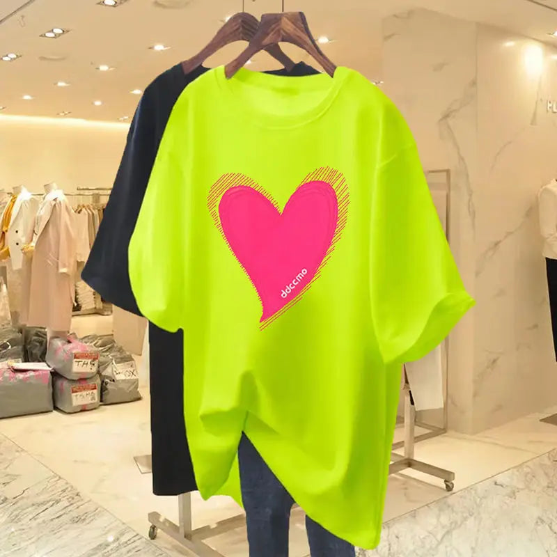 Women Clothing Pure Cotton O-neck Short Sleeve Tshirt Summer Casual Fashion Love Printing Basic Top Tee Oversized Pullover M-6XL