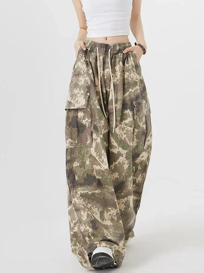 Zoki Streetwear Camouflage Cargo Pants Women High Waist Y2K Harajuku Wide Leg Trousers Vintage American Pockets Lace Up Pants
