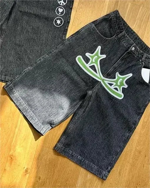 Y2K personalized fashion fake two-piece distressed denim shorts summer men's loose casual straight trendy five-point pants