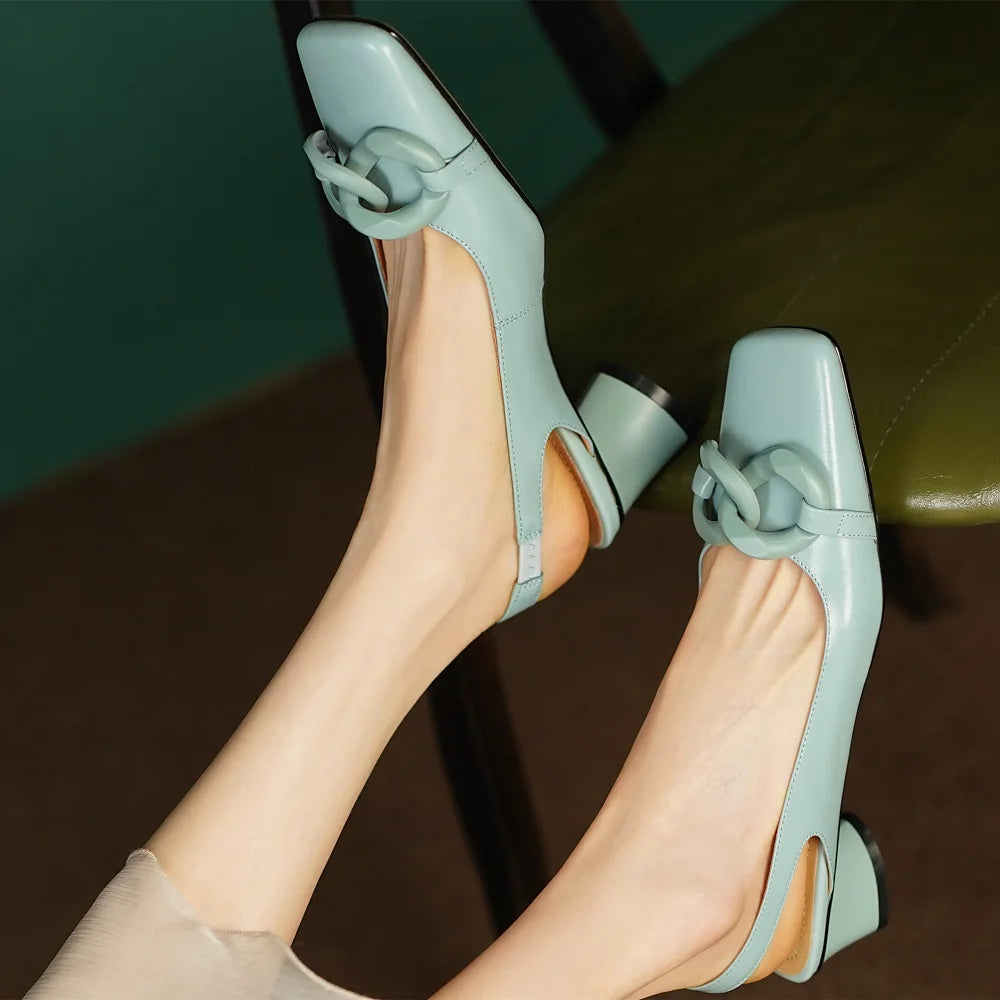 【JOCHEBED HU】new brand summer new style fashion women genuine personality leather buckle square toe thick heel shoes 34-43