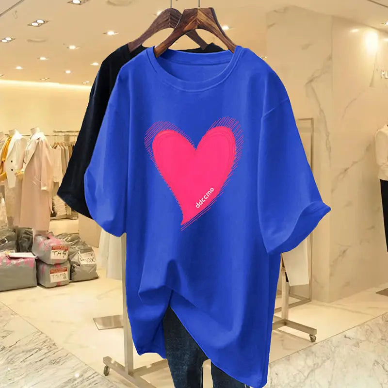 Women Clothing Pure Cotton O-neck Short Sleeve Tshirt Summer Casual Fashion Love Printing Basic Top Tee Oversized Pullover M-6XL