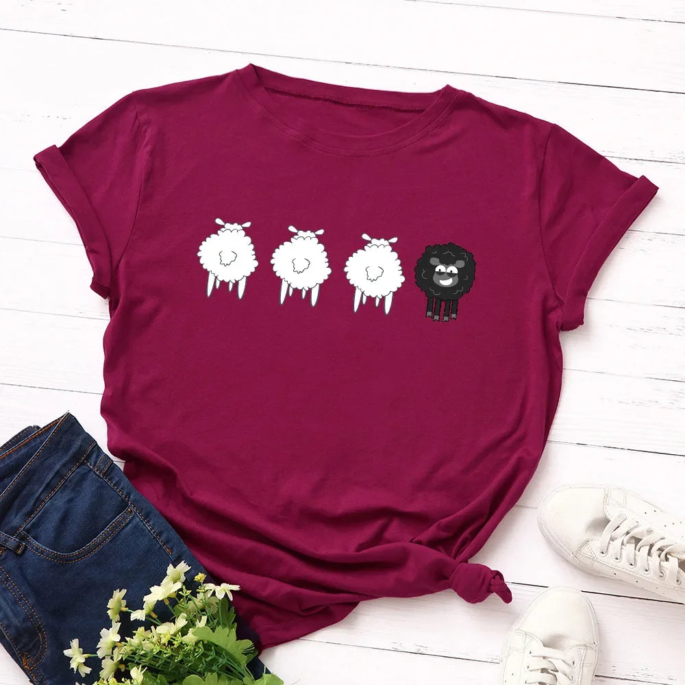 2024 Summer Female Tees Sheep Graphic T Shirts Short Sleeve T-Shirt Women's Tops Oversized Cotton Tshirt Women Clothing