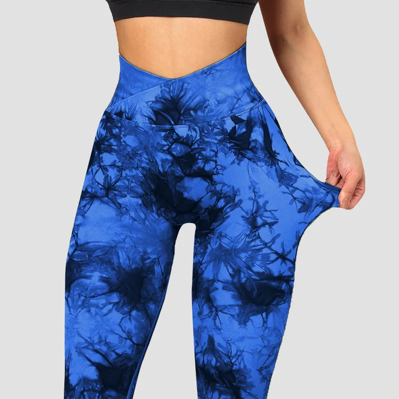 Women Cross Waist Leggings Seamless Tie Dye Leggings High Waist Hip Liftting Gym Workout Running Fashion High Elastic Knit Pants