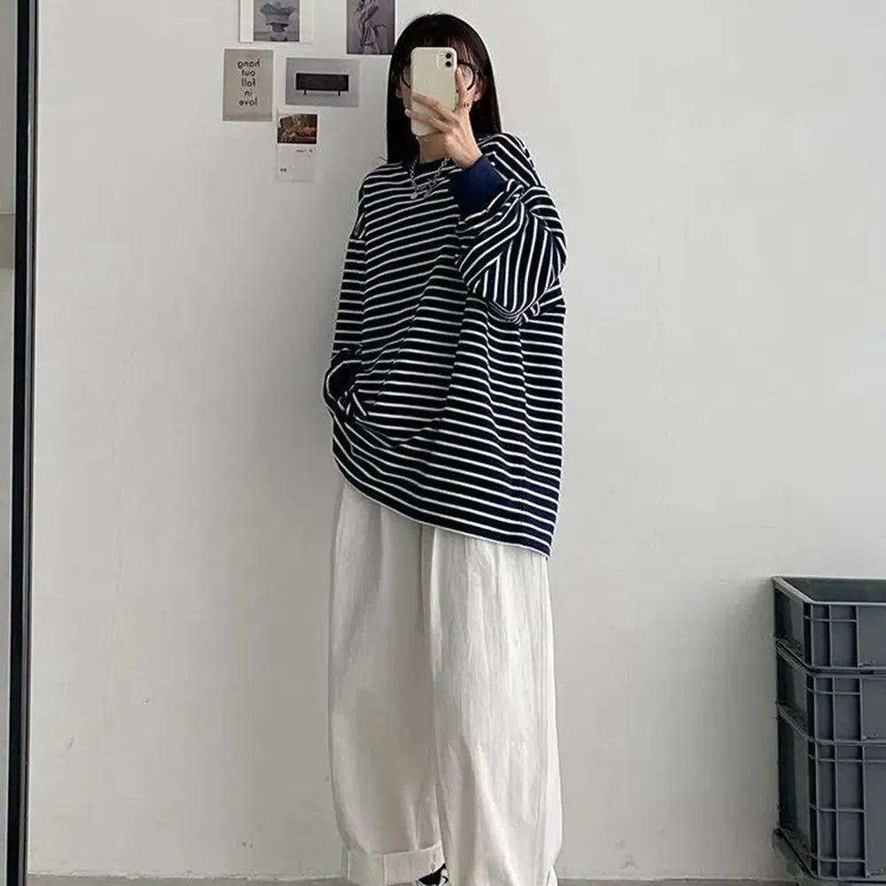 Plus Size 5XL 150KG Spring Harajuku Striped T Shirt Long Sleeve O Neck Loose Top Oversized t-shirt