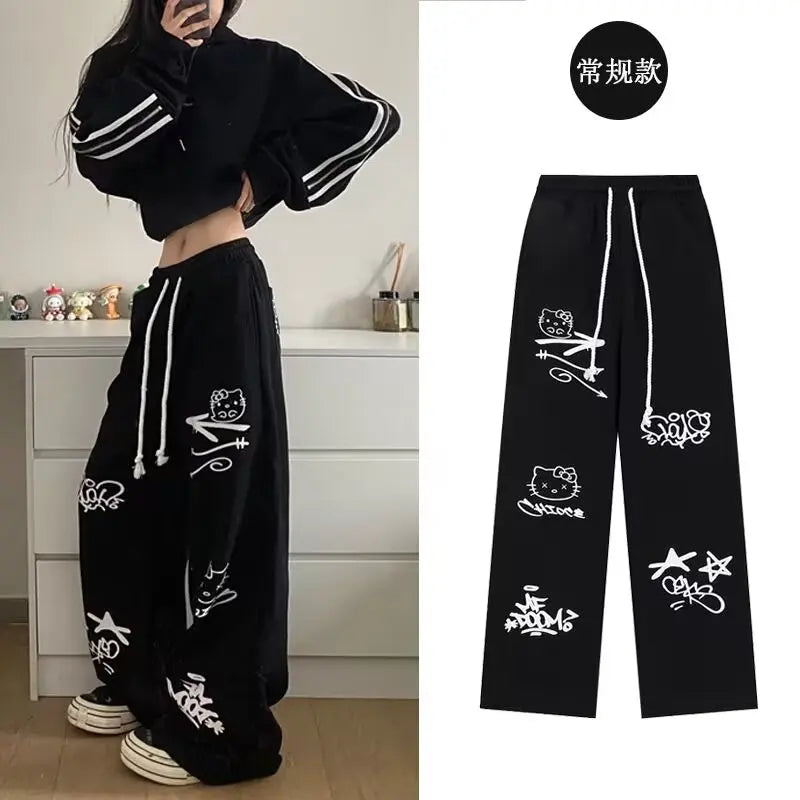 Loose Fitting Casual Pants  Fashionable And Fun Cartoon Dog And Cat Graffiti Pattern  Korean Fashion Spring Fall Baggy Straight