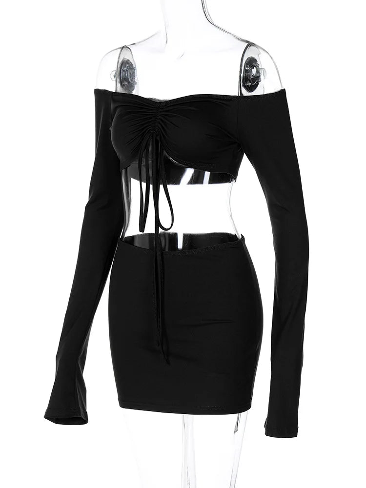 Hugcitar Women Matching 2 Piece Set Long Sleeve Drawstring Ruched Crop Top Mini Skirt Suit Co Ords Outfits Bodycon Sexy Party