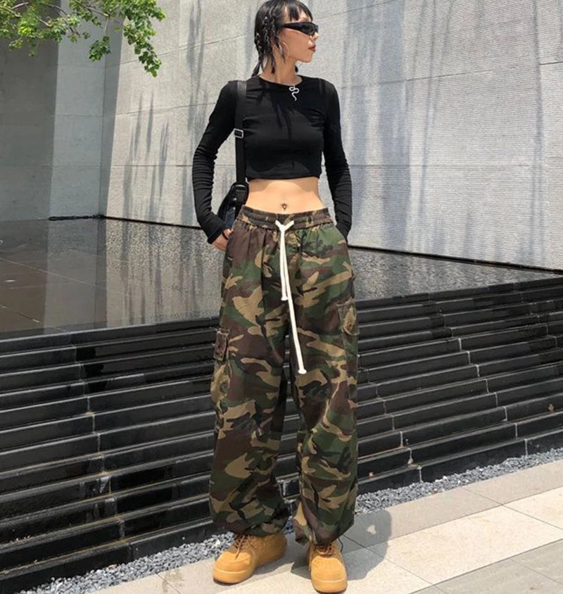 100% Pure Cotton Camo Cargo Pants Women Y2K Vintage Streetwear Joggers Sweatpants Bf Oversized Loose Hip Hop Wide Leg Trousers