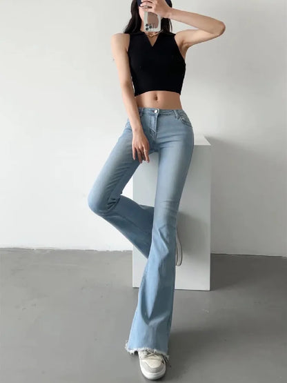 2022 Spring Autumn Sexy Low Waist Floor Length Burr Cuff Flare Jeans Women Vintage Stretch Denim Pants Streetwear Long Trousers