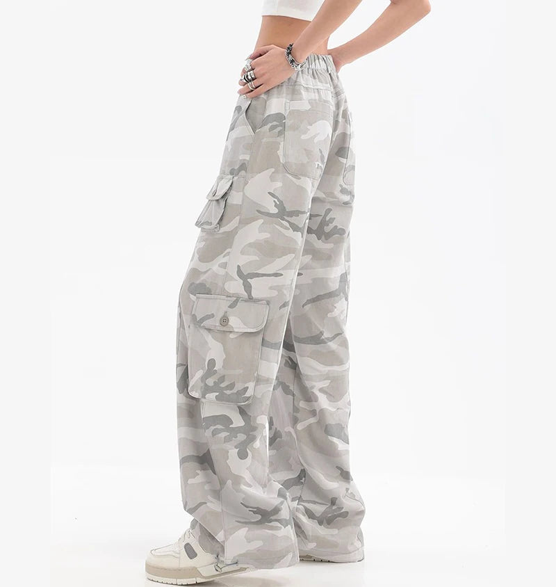 Female Hip Hop Grey Camouflage Cargo Pants American Style Y2K Oversized Loose Straight Wide Leg Pants Vintage Casual Sweatpants