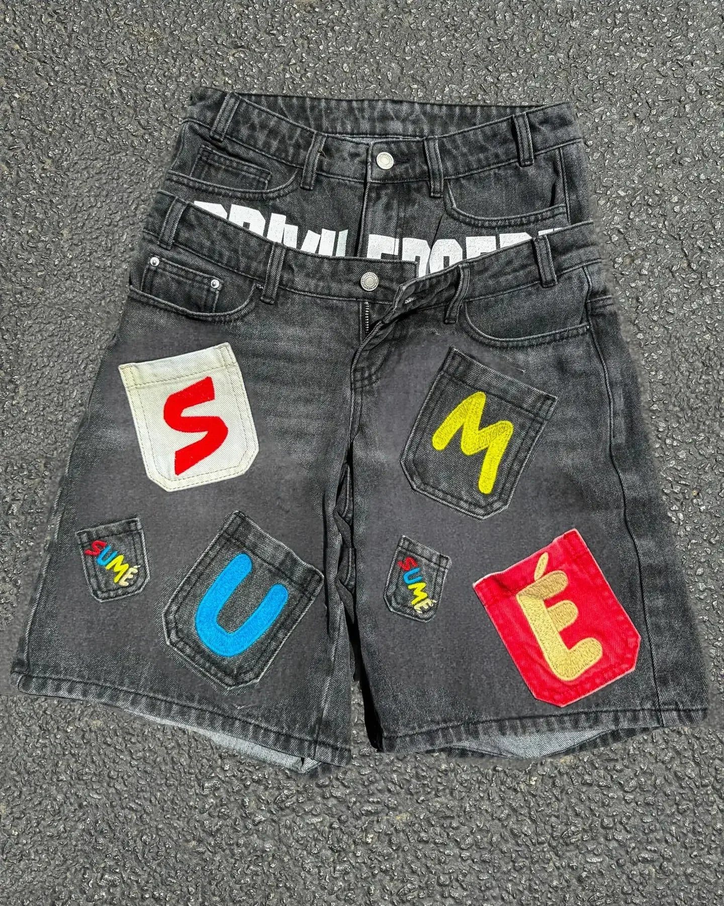 Y2K personalized fashion fake two-piece distressed denim shorts summer men's loose casual straight trendy five-point pants