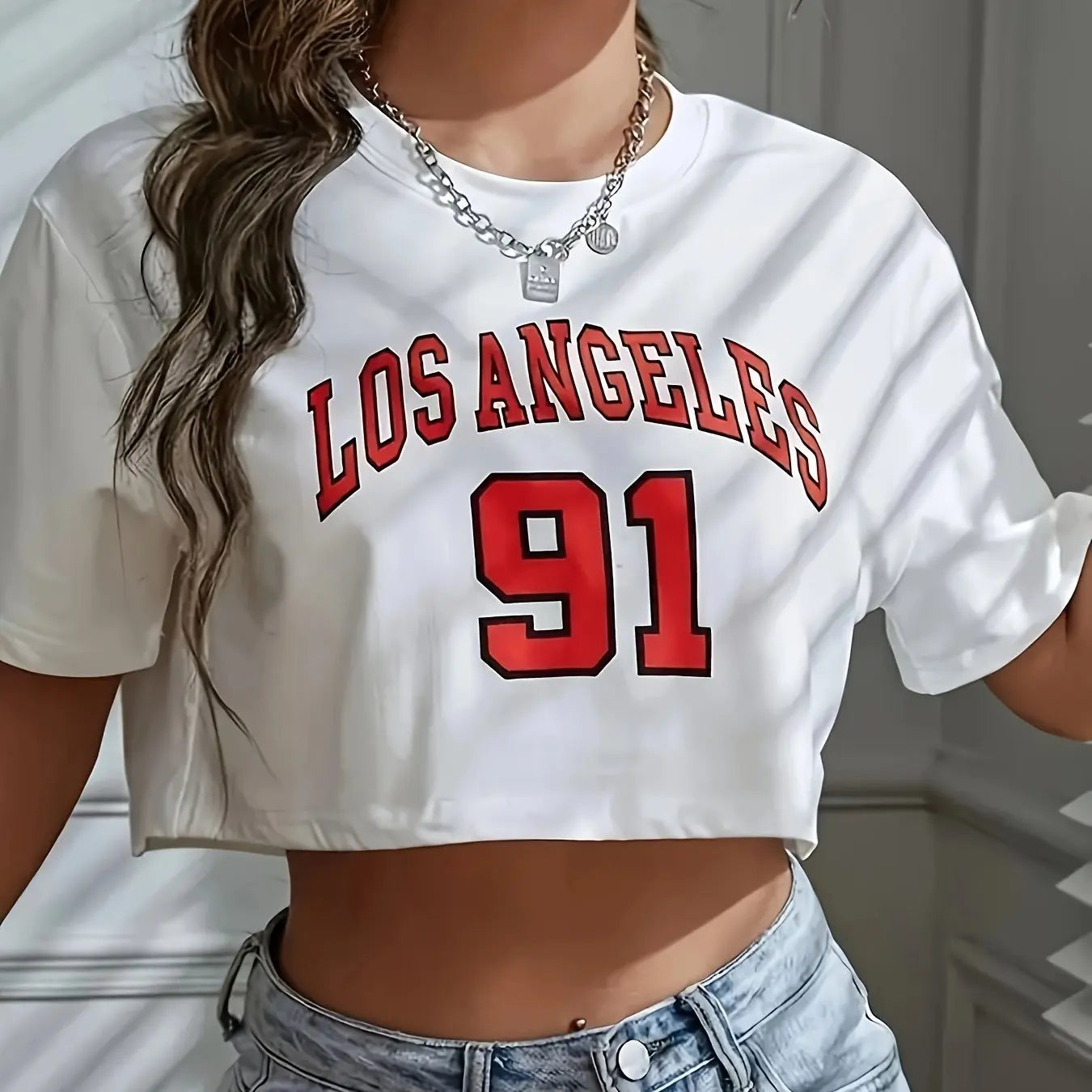 Los Angeles Number 91 Graphic Round Neck Sports Crop T-shirt Crew Neck Casual Running Workout Crop Top Women's Activewear