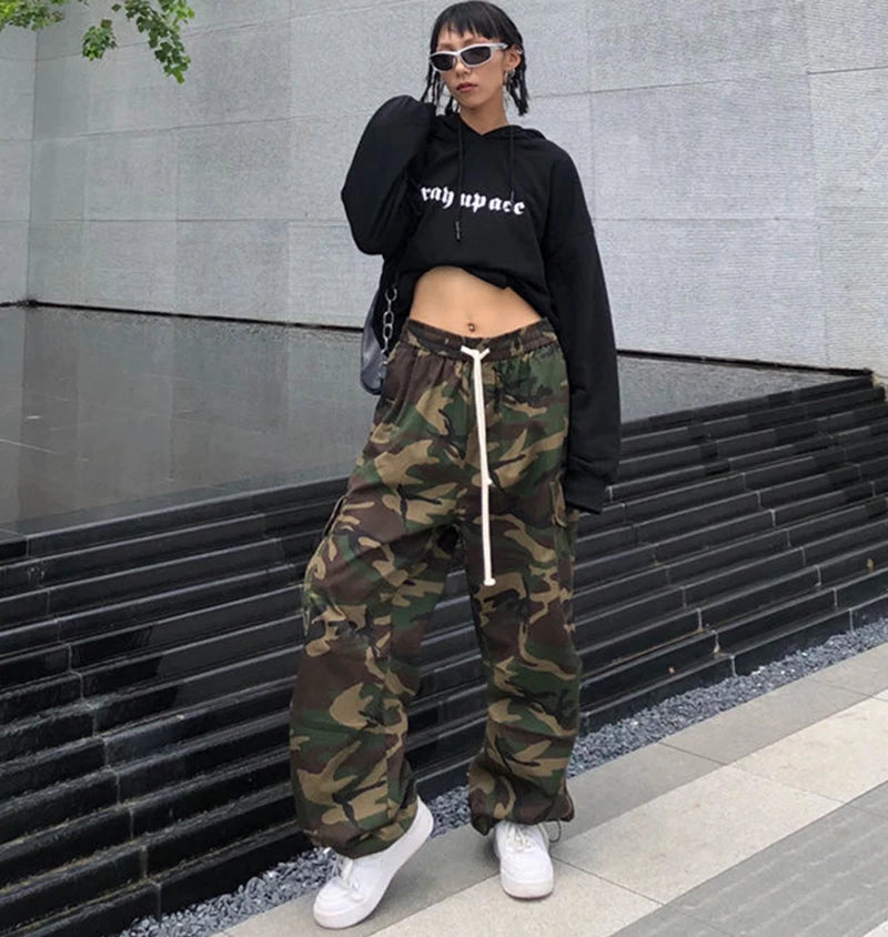 100% Pure Cotton Camo Cargo Pants Women Y2K Vintage Streetwear Joggers Sweatpants Bf Oversized Loose Hip Hop Wide Leg Trousers