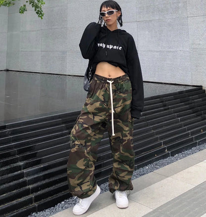 100% Pure Cotton Camo Cargo Pants Women Y2K Vintage Streetwear Joggers Sweatpants Bf Oversized Loose Hip Hop Wide Leg Trousers