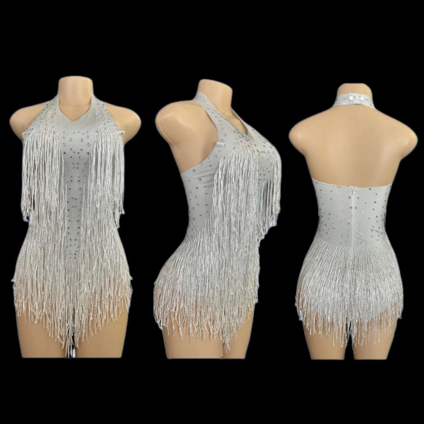 Sparkly Rhinestones Fringe Bodysuit WomenVightclub Party Dance Costume Stage Wear SexyTassel Leotard Performance Clothing 7G