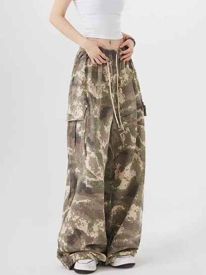 Zoki Streetwear Camouflage Cargo Pants Women High Waist Y2K Harajuku Wide Leg Trousers Vintage American Pockets Lace Up Pants