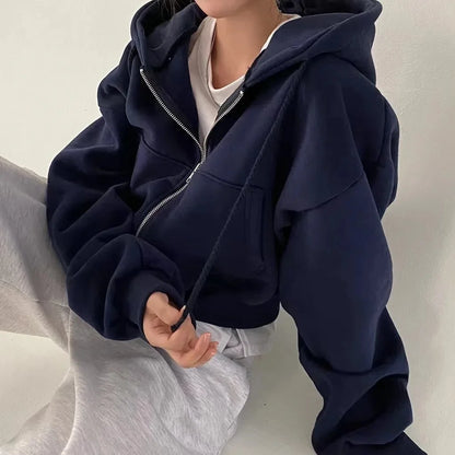 2023 Autumn/Winter New Fleece-Lined Versatile Fashion Cropped Slim Zippered Warm Solid Color Hooded Sweatshirt For Women