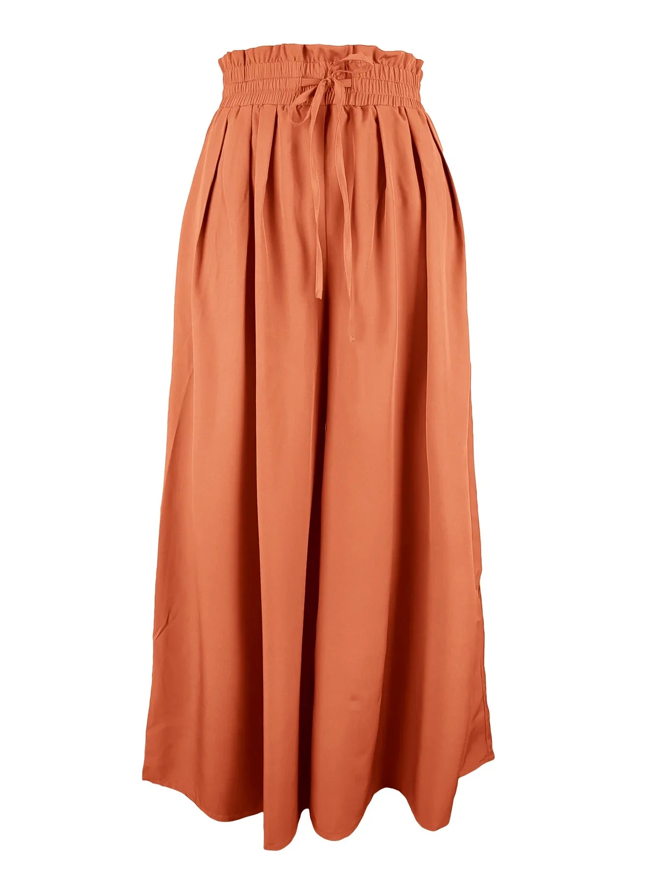 Fashionable elastic waist wide leg pants with pockets, casual solid color loose pants