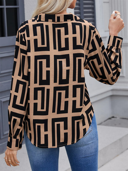 2024 Elegant geometric printed long sleeved shirts For Women Fashion Suit Collar Button Front Blouse