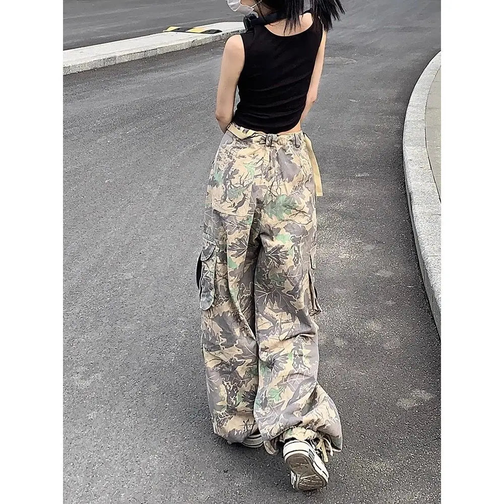 Retro trendy brand camouflage women work pants ins sweet and cool style high street clothing wide leg long pants with bound feet