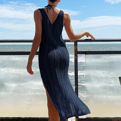 2024 Summer Ladies Vacation Hollow Out Robe Women Chic Solid Knitted Maxi Dress Fashion Sleeveless Sexy Beach Cover Up Dresses