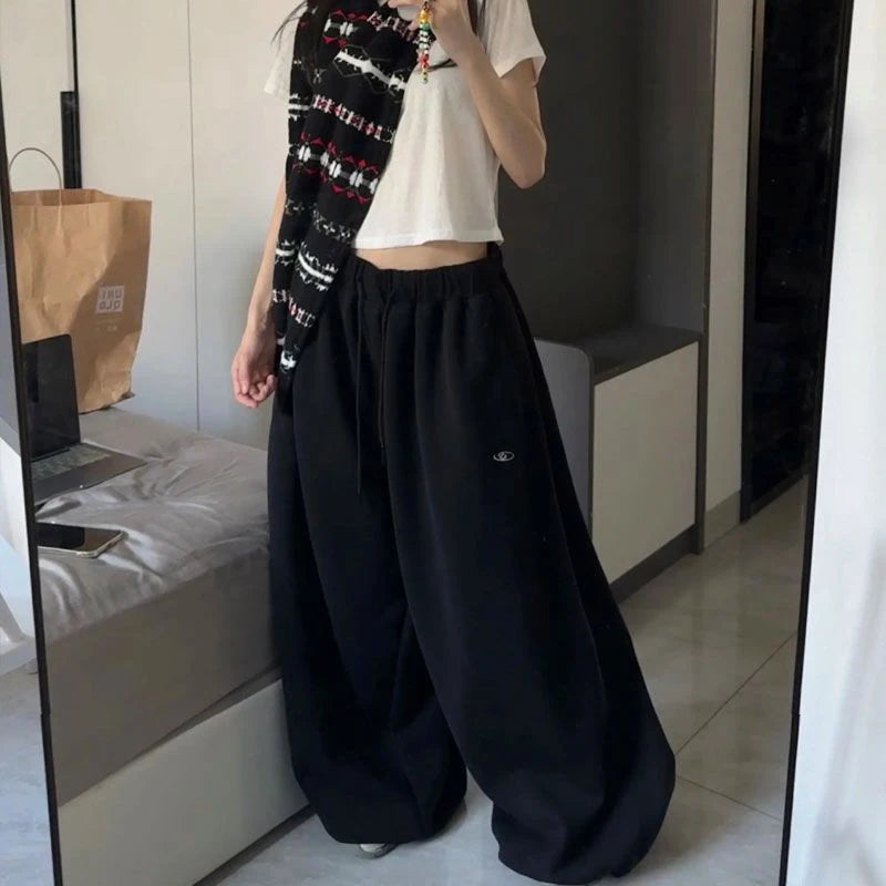 Oversize Cotton Woman Black Sweatpants Y2K Korean Streetwear Loose Casual Jogger Pants High Waist All Match Drawstring Trousers