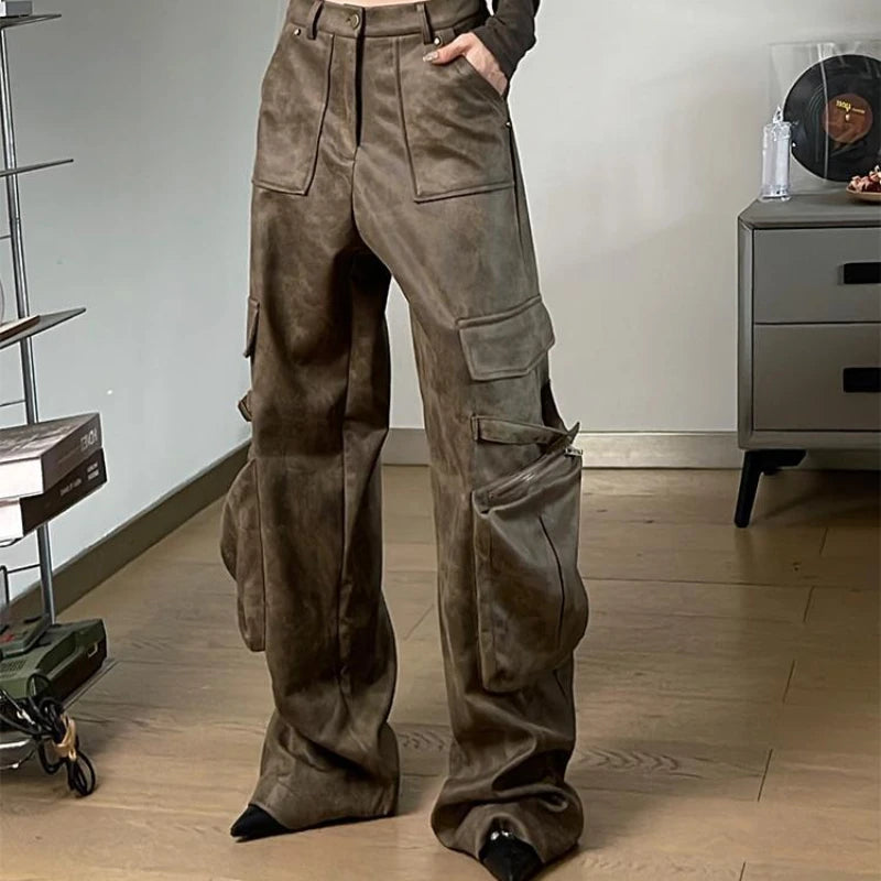 Deeptown Y2k Baggy Leather Cargo Pants Women America High Street Casual Trashy Wide Leg Trousers 2000s Harajuku Pantalones