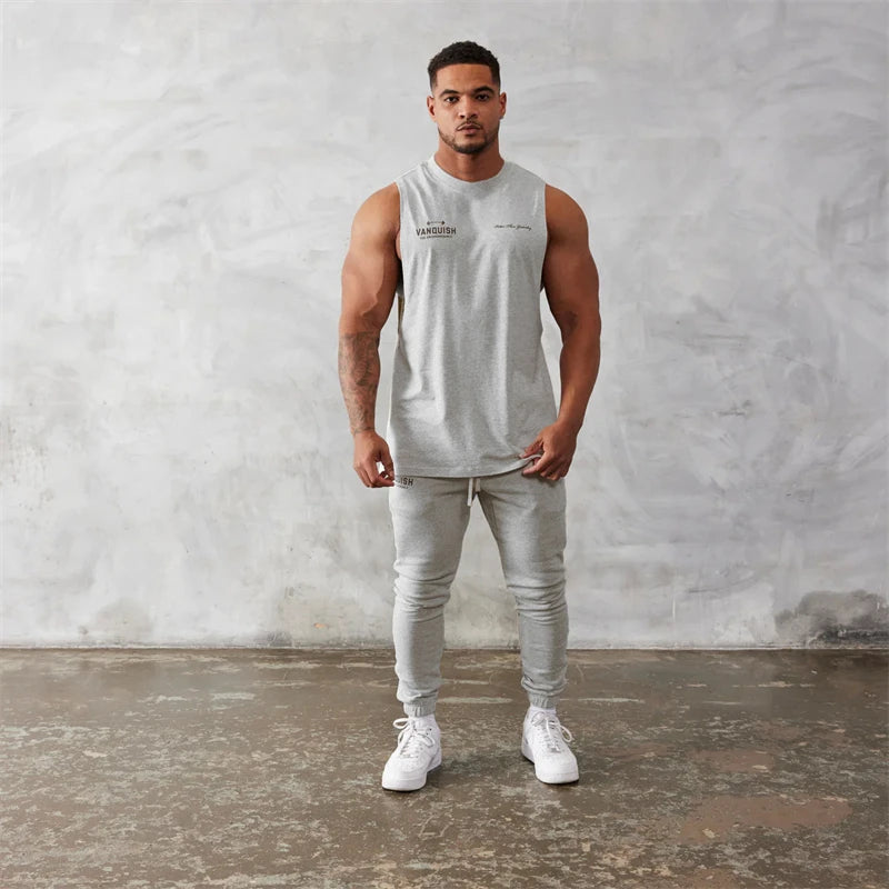 Gym exercise fitness sports men's vest cotton wide shoulder round neck sleeveless shirt slim casual men's wear