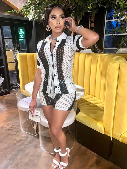 2024 Autumn Fashionable Striped Casual Loose-Fit Short Sleeve Lapel Top Short Skirt Set European American Cross-Border Style