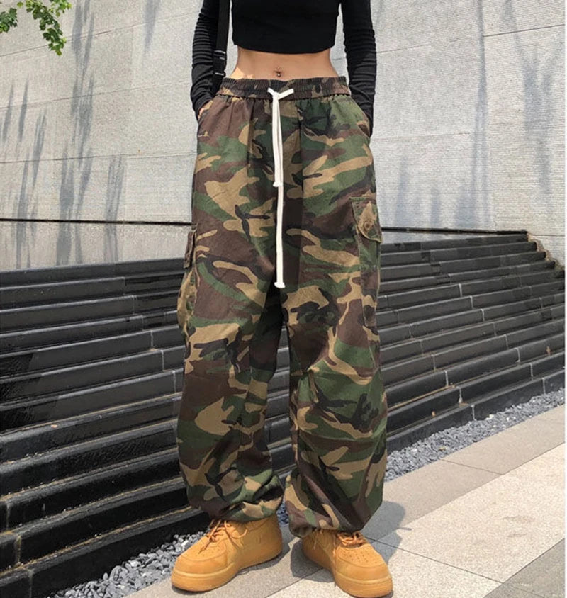 100% Pure Cotton Camo Cargo Pants Women Y2K Vintage Streetwear Joggers Sweatpants Bf Oversized Loose Hip Hop Wide Leg Trousers