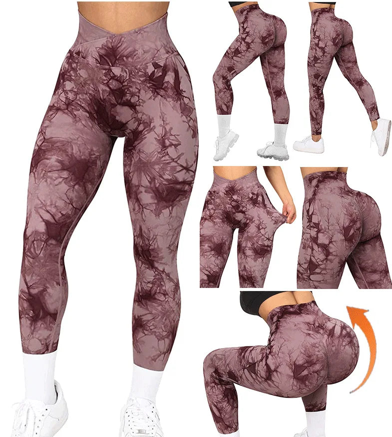 Women Cross Waist Leggings Seamless Tie Dye Leggings High Waist Hip Liftting Gym Workout Running Fashion High Elastic Knit Pants