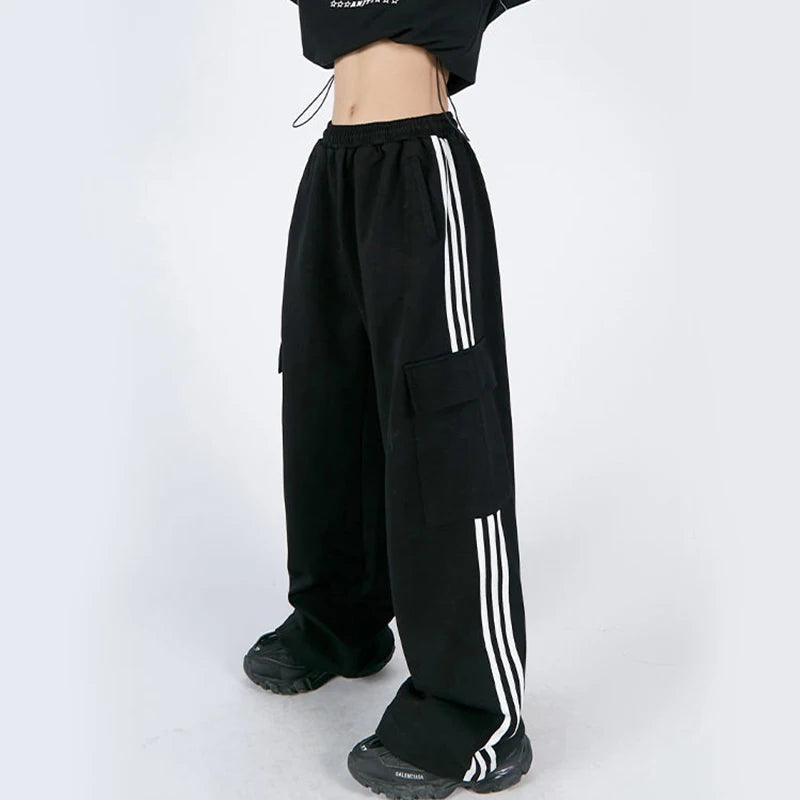 Jmprs Striped Women Cargo Pants American Style High Waist Fashion Y2K Streetwear Loose Wide Leg Pants Female Hip Hop Sweatpants