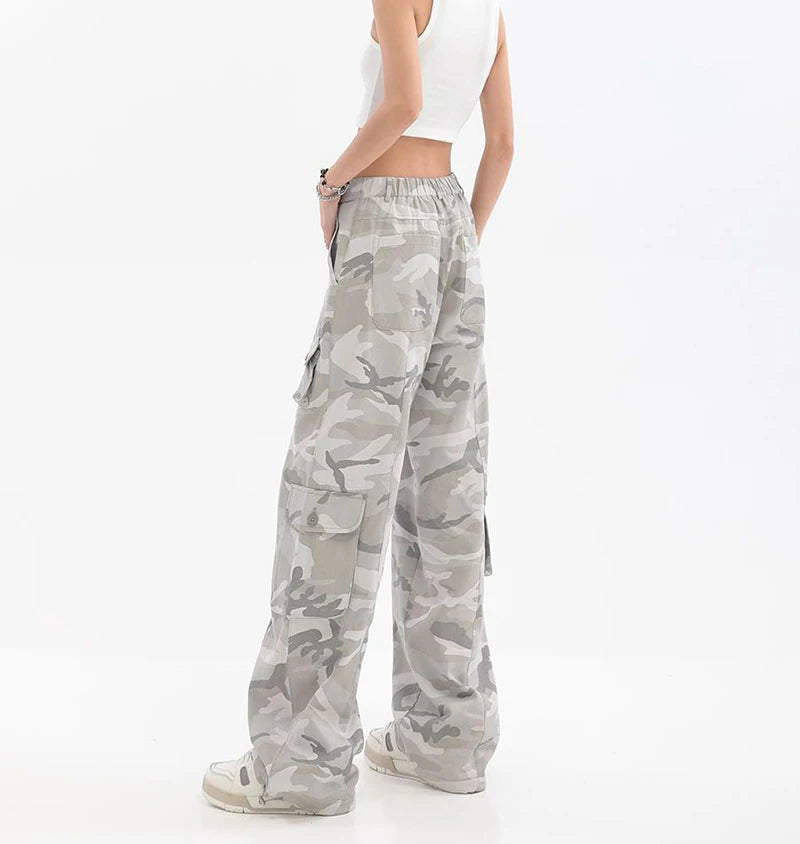 Female Hip Hop Grey Camouflage Cargo Pants American Style Y2K Oversized Loose Straight Wide Leg Pants Vintage Casual Sweatpants