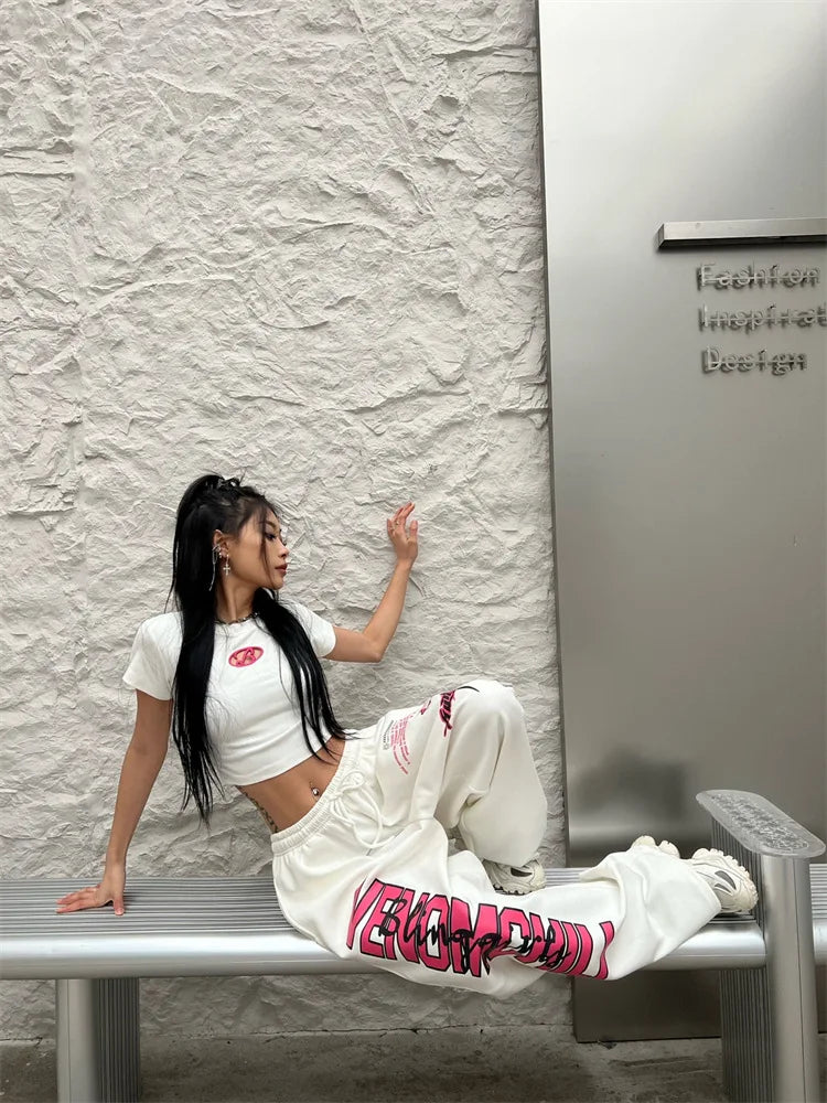 New Y2K Streetwear White Track Pants Women Harajuku Hippie Wide Leg Sweatpants Oversize Quick Dry Printed Joggers Trousers