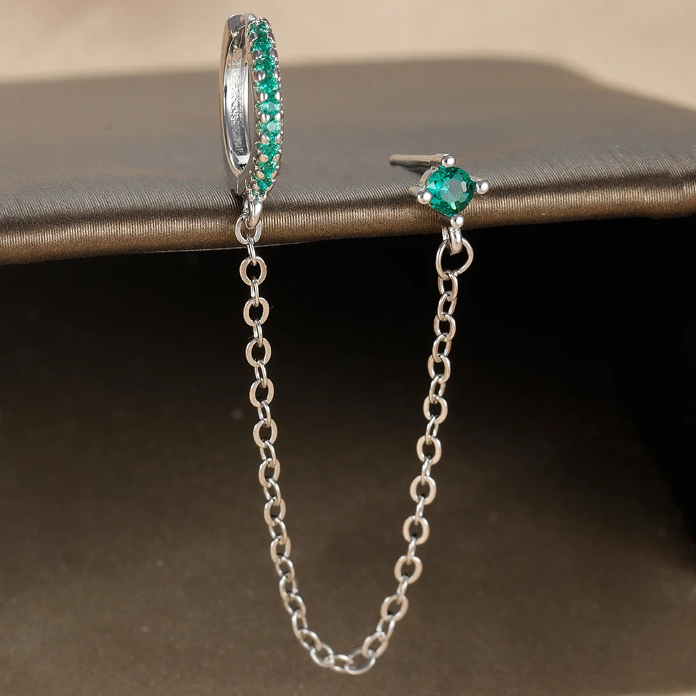 Exquisite Stainless Steel Tassel Chain Hoop Earrings for Women Simple Green Zircon Ear Piercing Earrings Fashion Jewelry aretes