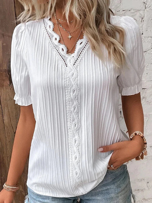Women's Summer New Top 2024 Solid Sexy V-Neck Hollow Short Sleeve Shirt Fashion Splice  Blouse