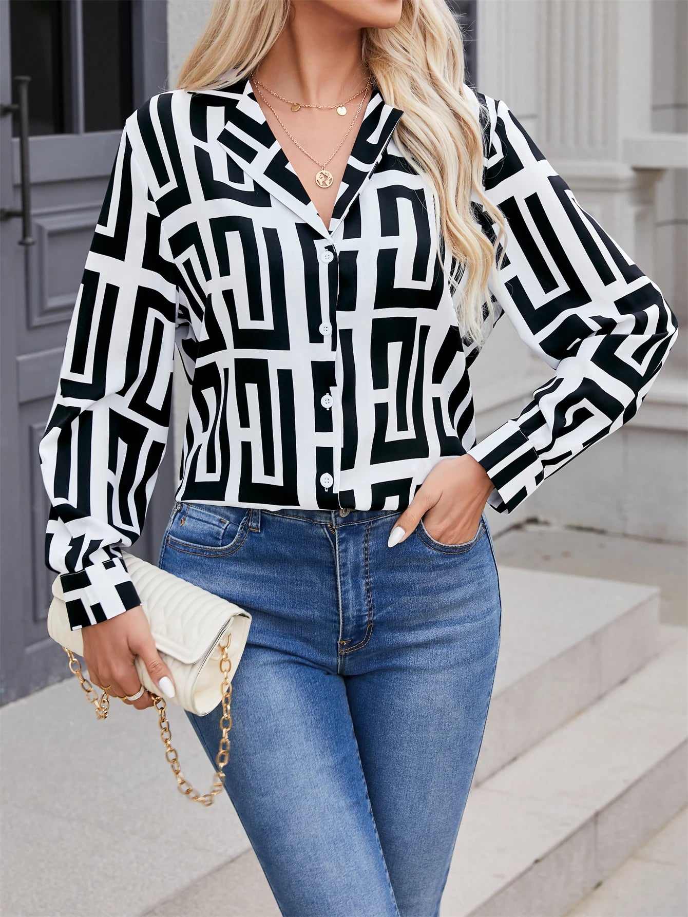 2024 Elegant geometric printed long sleeved shirts For Women Fashion Suit Collar Button Front Blouse