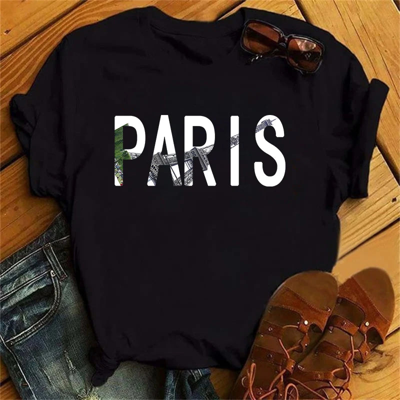 Orange crop Top Women Summer Paris Letters Print Y2k T-shirt Ladies Short Sleeved Luxury Tee Clothing Loose Pure Cotton Soft Top