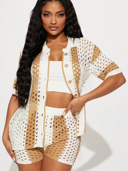 2024 Autumn Fashionable Striped Casual Loose-Fit Short Sleeve Lapel Top Short Skirt Set European American Cross-Border Style