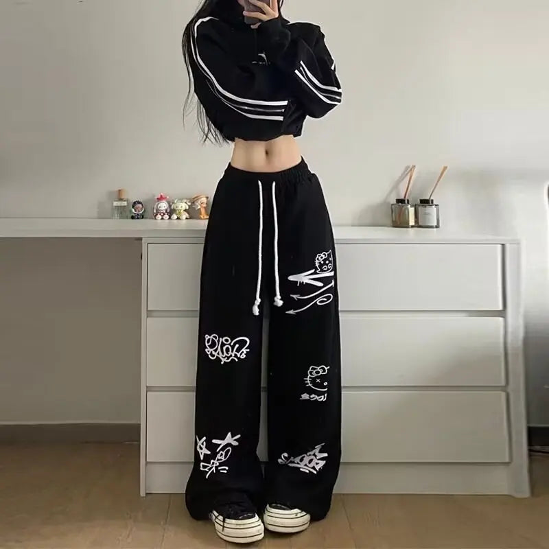 Loose Fitting Casual Pants  Fashionable And Fun Cartoon Dog And Cat Graffiti Pattern  Korean Fashion Spring Fall Baggy Straight