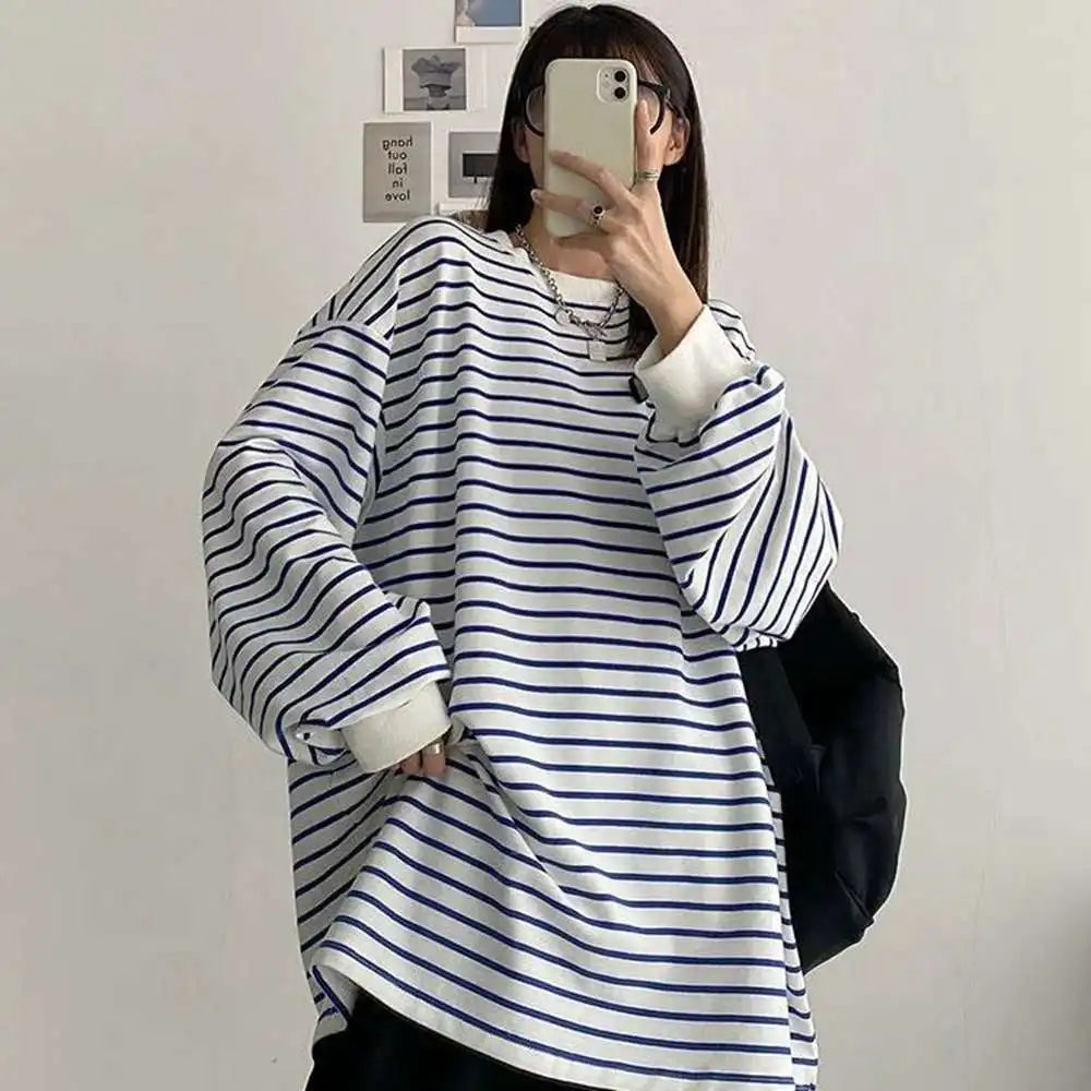 Plus Size 5XL 150KG Spring Harajuku Striped T Shirt Long Sleeve O Neck Loose Top Oversized t-shirt