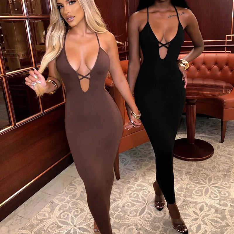 Sexy Deep V Low-cut Cross Bandage Long Maxi Dress Women Sleeveless Backless Skinny Bodycon Dress Elegant Club Party Vestidos