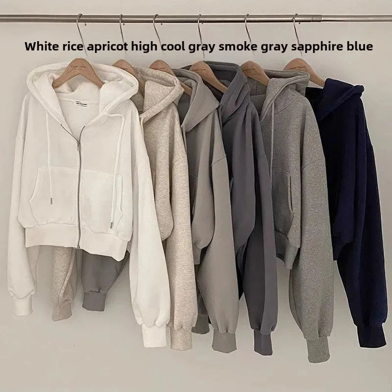 2023 Autumn/Winter New Fleece-Lined Versatile Fashion Cropped Slim Zippered Warm Solid Color Hooded Sweatshirt For Women